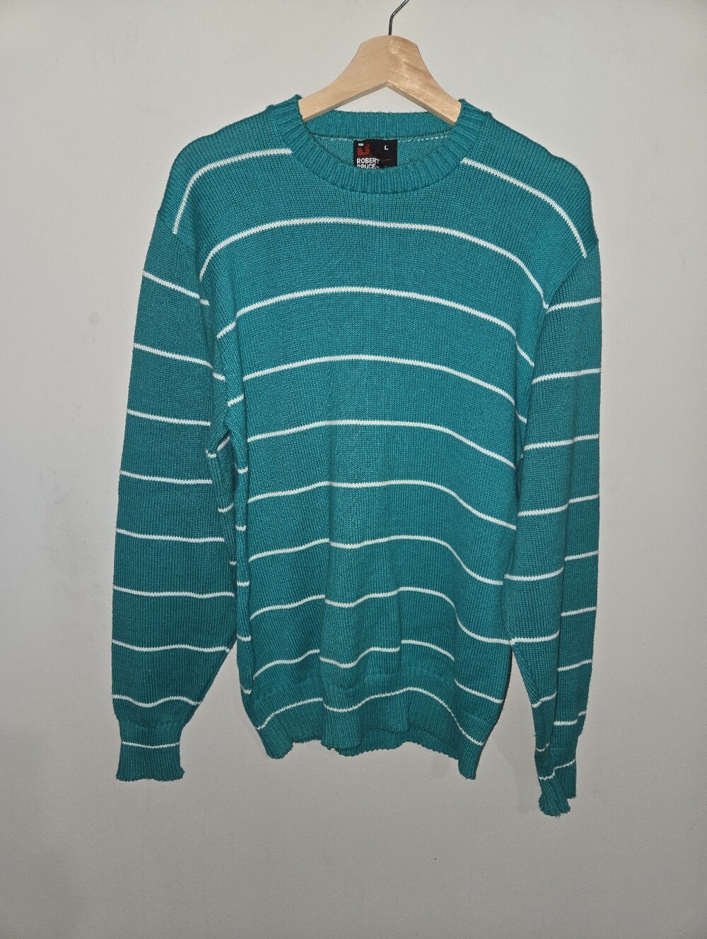 Vintage Robert Bruce Teal Striped Crewneck Sweater USA Men’s L Unisex Green Prep